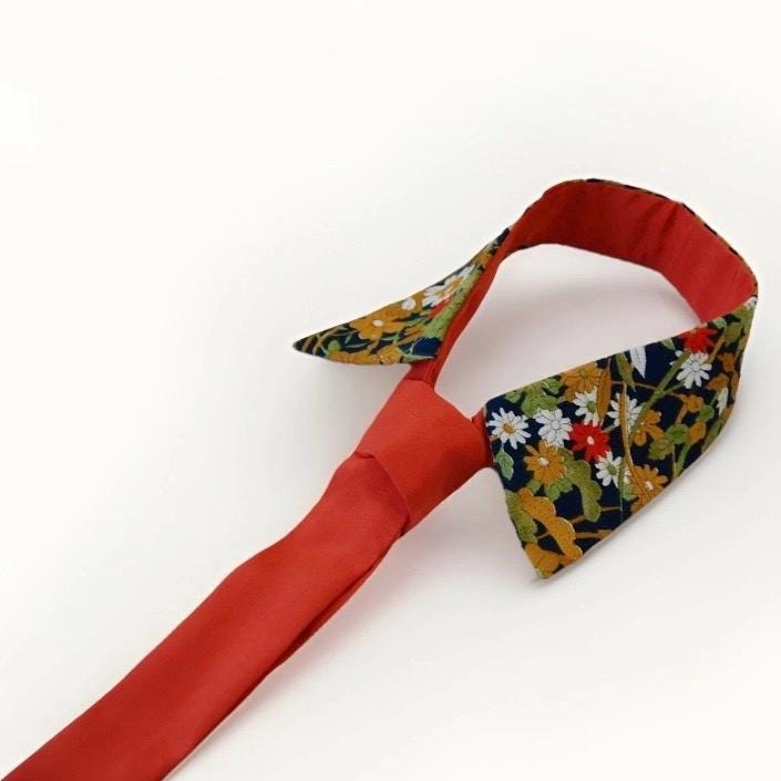 Vintage Kimono Silk Detachable Collar Tie — Navy Floral with Orange Accent