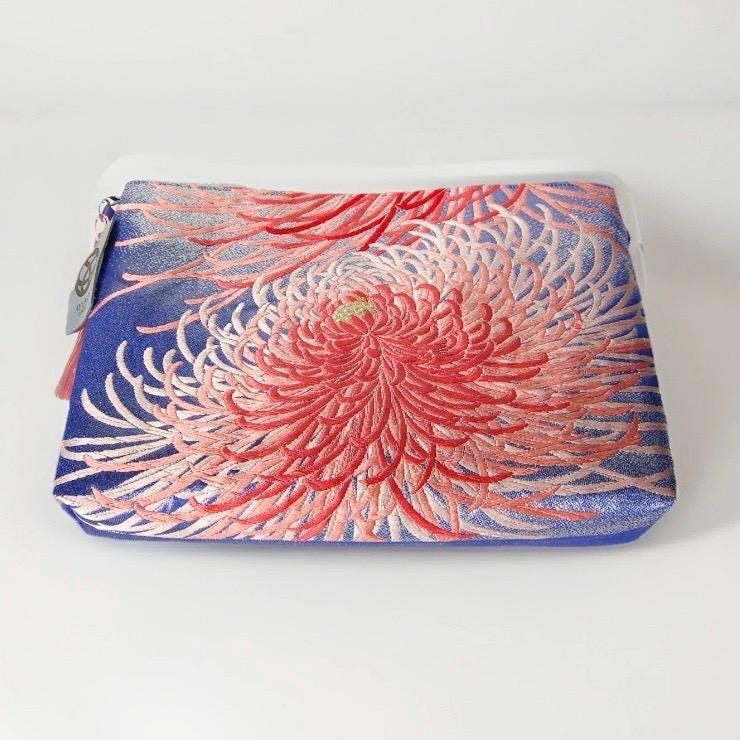 Vintage Fukuro Obi Shoulder Bag — Pink Ran-Giku Chrysanthemum on Blue Silk