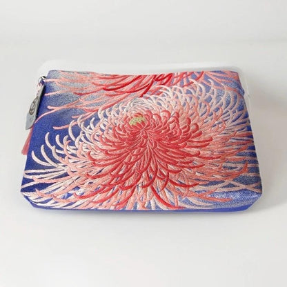 Vintage Fukuro Obi Shoulder Bag — Pink Ran-Giku Chrysanthemum on Blue Silk
