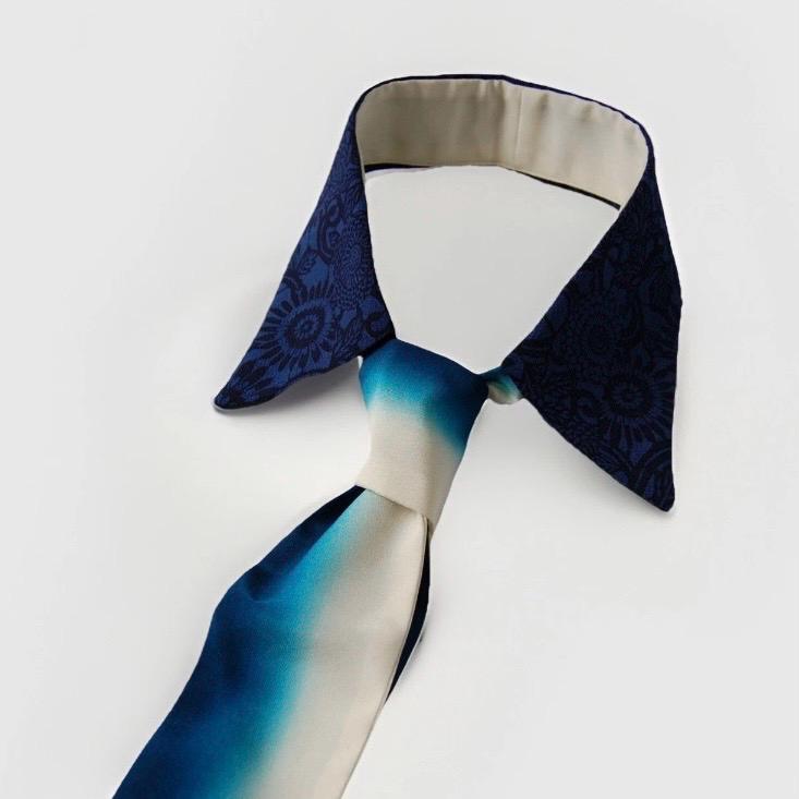 Vintage Komon Silk Detachable Collar Tie — Indigo 本藍 Kiku-Karakusa 菊唐草文