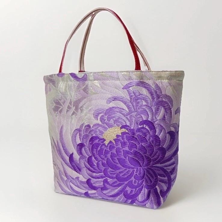 Rangiku 乱菊 Chrysanthemum Vintage Obi Silk Tote in Purple Silver
