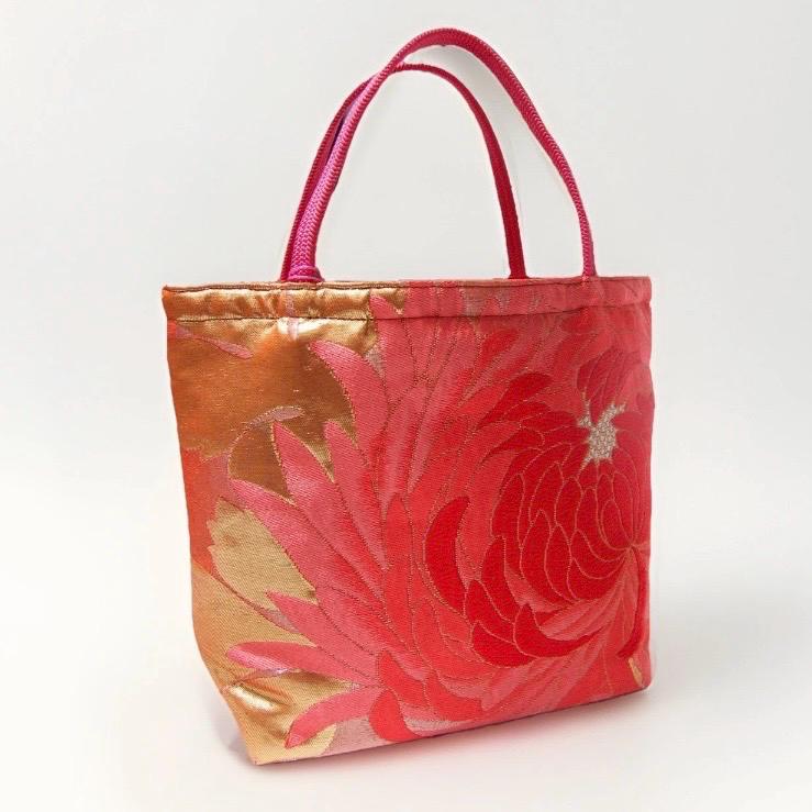 Rangiku 乱菊 Chrysanthemum Vintage Obi Silk Tote in Red Gold
