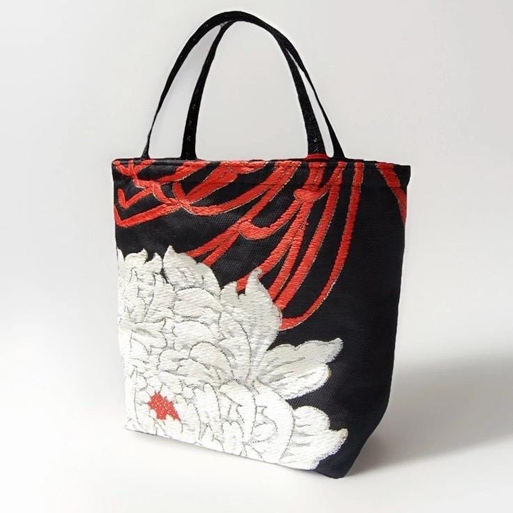 Vintage Fukuro Obi Mini Tote Bag — White & Gold Peony on Black Silk