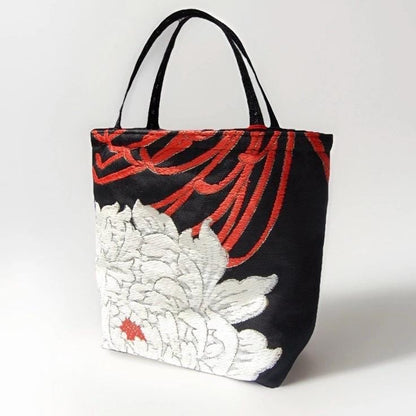 Vintage Fukuro Obi Mini Tote Bag — White & Gold Peony on Black Silk