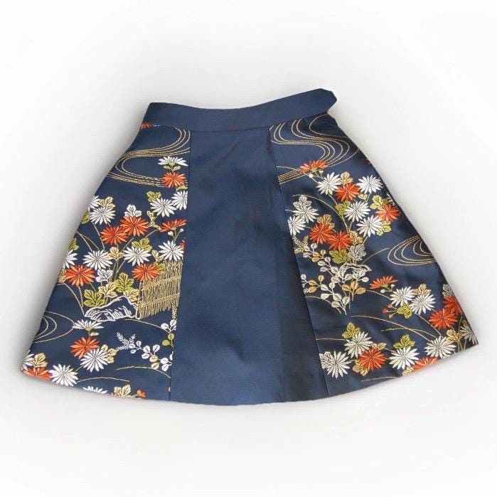 Vintage Obi Silk A-Line Mini Skirt in Navy Chrysanthemum