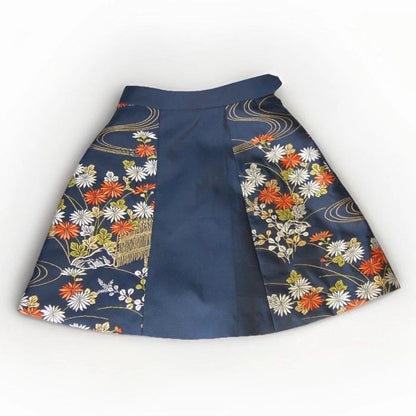 Vintage Obi Silk A-Line Mini Skirt in Navy Chrysanthemum