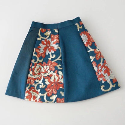 Vintage Obi A-Line Mini Skirt in Teal Orange Ran-giku