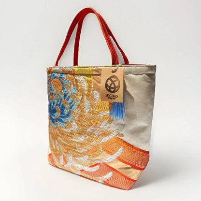 Two-Sided Rangiku 乱菊 Vintage Obi Silk Tote in Purple White Silver