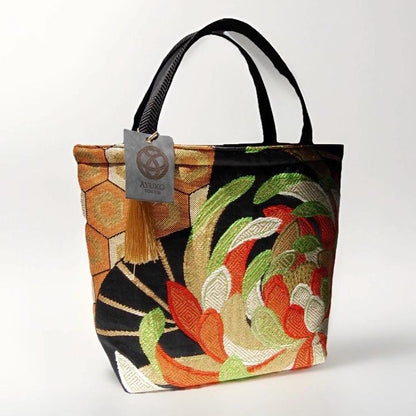 Rangiku 乱菊 Chrysanthemum Vintage Obi Silk Tote in Green Gold Orange