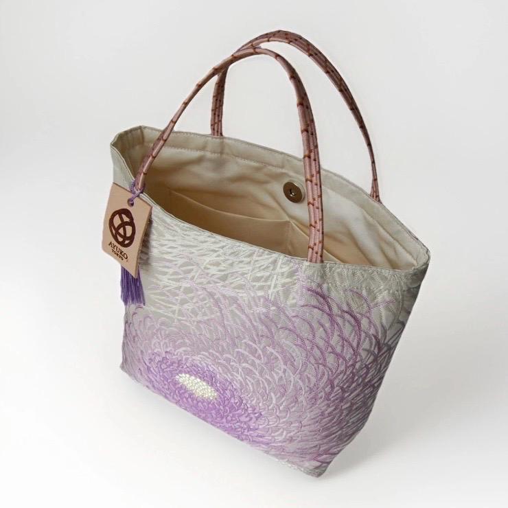Rangiku 乱菊 Chrysanthemum Vintage Obi Silk Tote in Lilac Silver