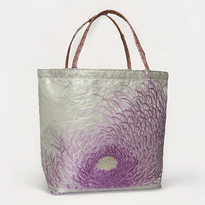 Rangiku 乱菊 Chrysanthemum Vintage Obi Silk Tote in Lilac Silver