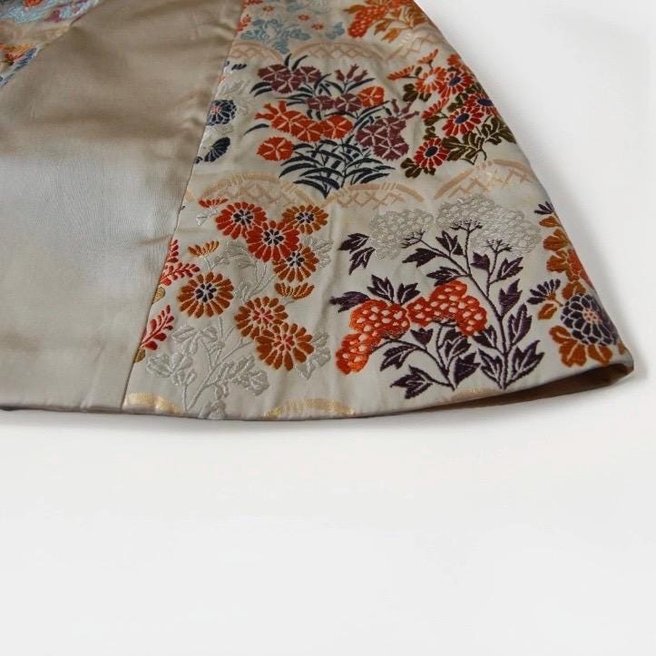 Vintage Obi Silk Mini Skirt in Beige with Floral Motifs