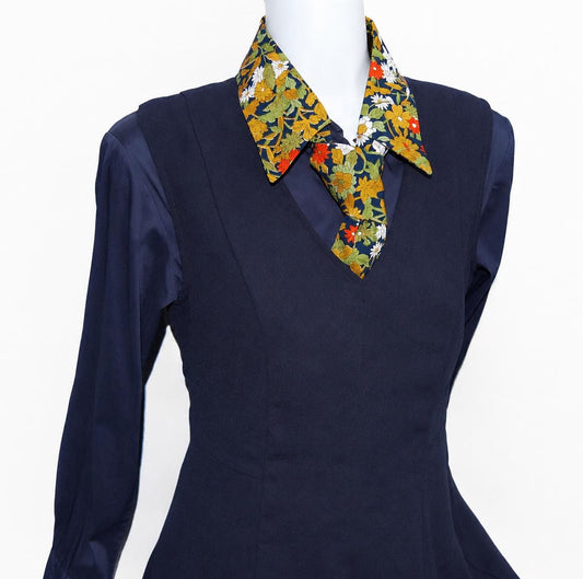 Vintage Komon Silk Detachable Collar Tie — Navy Botanical Floral 草花文