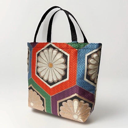 Kikkō Chrysanthemum 亀甲菊文様 Vintage Obi Silk Tote in Black Multi