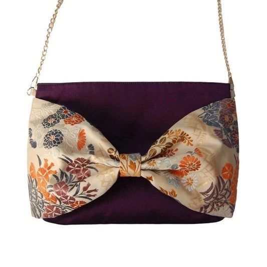 Vintage Fukuro Obi 2-Way Bow Bag — Deep Purple & Floral Silk