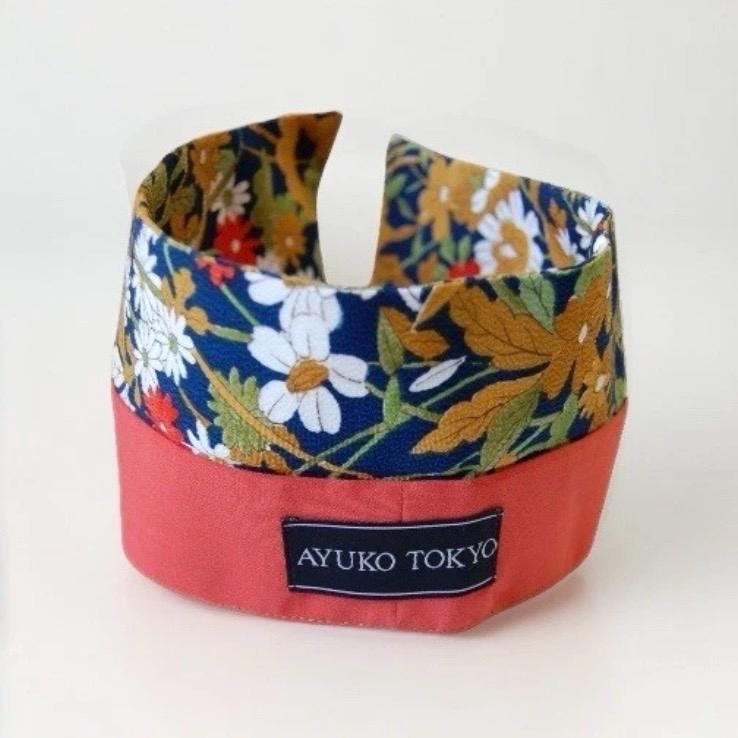 Vintage Kimono Silk Detachable Collar Tie — Navy Floral with Orange Accent