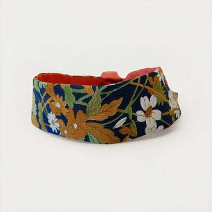Vintage Kimono Silk Detachable Collar Tie — Navy Floral with Orange Accent