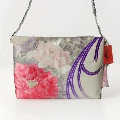 Vintage Fukuro Obi Shoulder Bag — Peony & Purple Flowing Line Silk