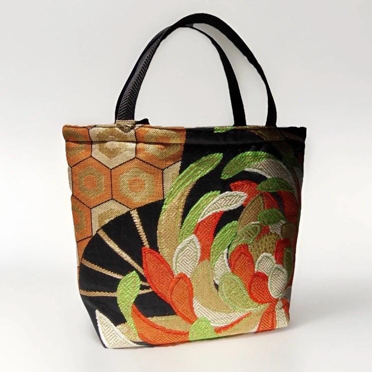 Rangiku 乱菊 Chrysanthemum Vintage Obi Silk Tote in Green Gold Orange