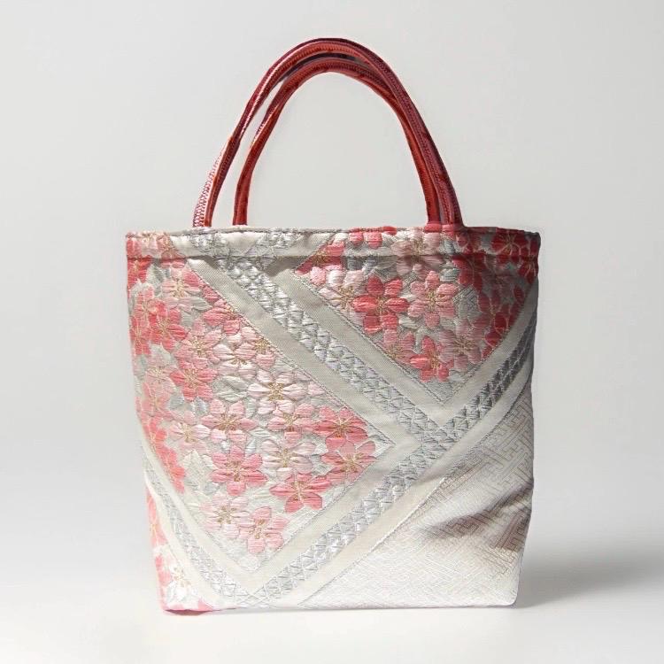 Vintage Fukuro Obi Mini Tote Bag — Pink Sakura on White & Silver Silk