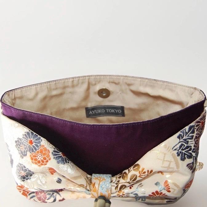 Vintage Fukuro Obi 2-Way Bow Bag — Deep Purple & Floral Silk