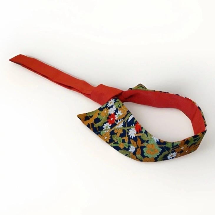 Vintage Kimono Silk Detachable Collar Tie — Navy Floral with Orange Accent