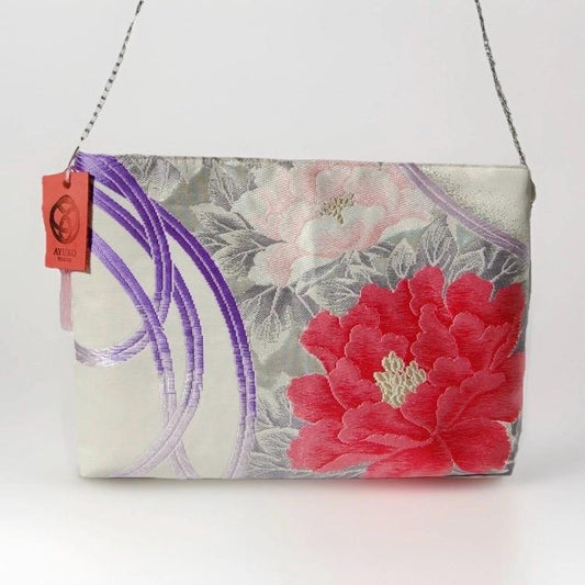 Vintage Fukuro Obi Shoulder Bag — Peony & Purple Flowing Line Silk