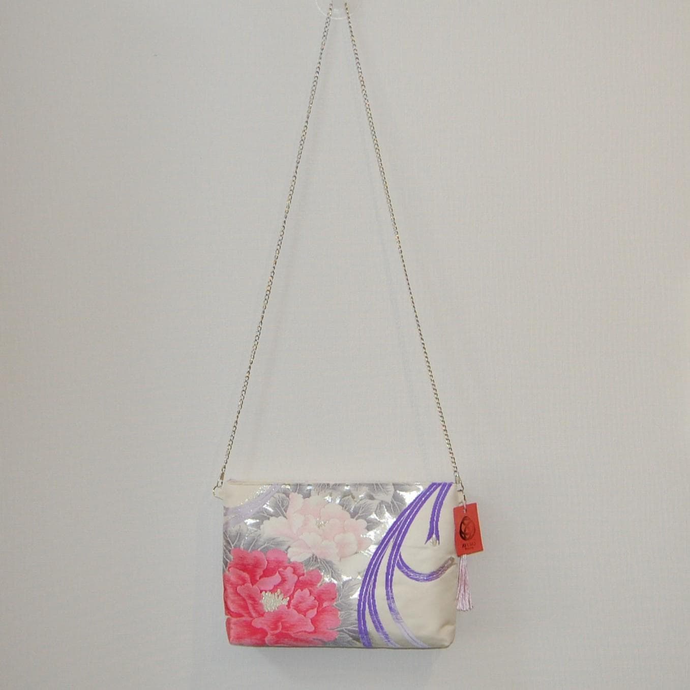 Vintage Fukuro Obi Shoulder Bag — Peony & Purple Flowing Line Silk