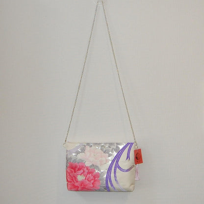Vintage Fukuro Obi Shoulder Bag — Peony & Purple Flowing Line Silk