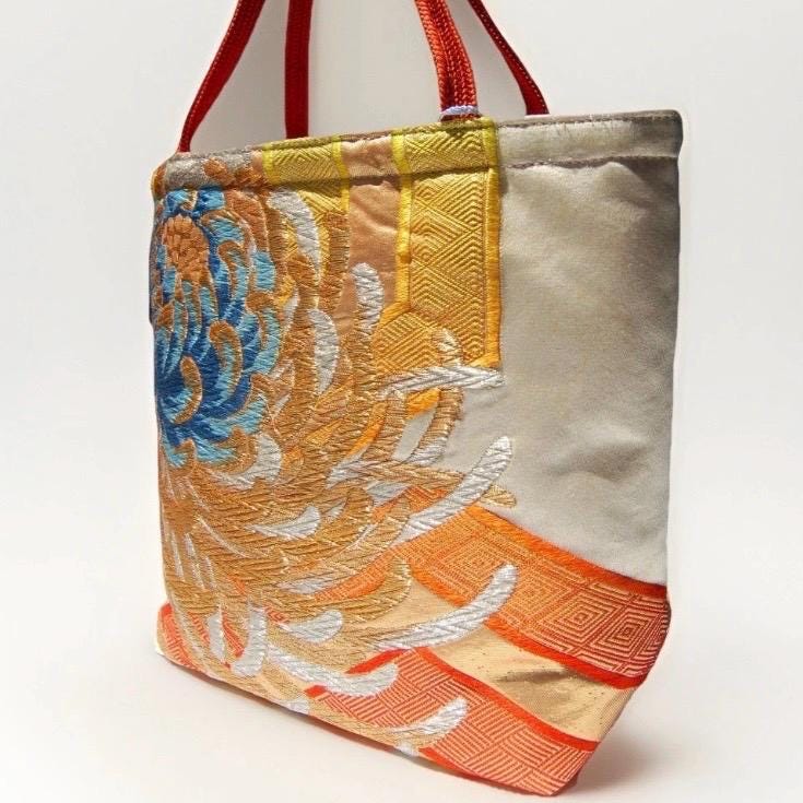 Two-Sided Rangiku 乱菊 Vintage Obi Silk Tote in Purple White Silver
