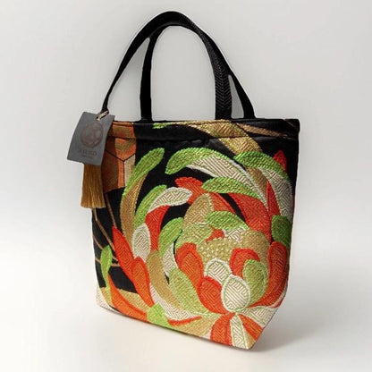 Rangiku 乱菊 Chrysanthemum Vintage Obi Silk Tote in Green Gold Orange