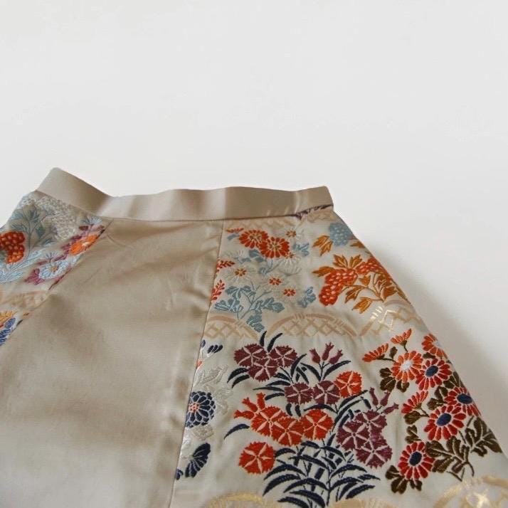 Vintage Obi Silk Mini Skirt in Beige with Floral Motifs
