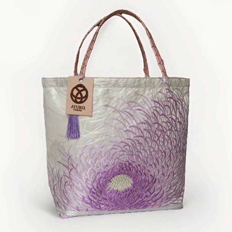 Rangiku 乱菊 Chrysanthemum Vintage Obi Silk Tote in Lilac Silver