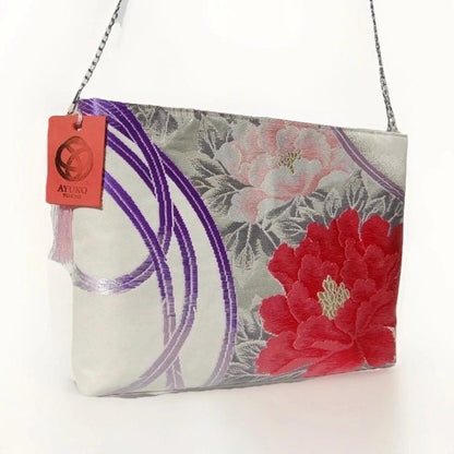 Vintage Fukuro Obi Shoulder Bag — Peony & Purple Flowing Line Silk