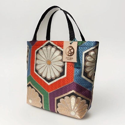 Kikkō Chrysanthemum 亀甲菊文様 Vintage Obi Silk Tote in Black Multi