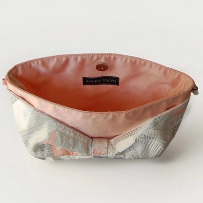 Vintage Fukuro Obi 2-Way Bow Bag — Peach Pink & Silver Silk