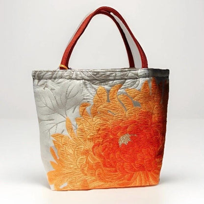 Rangiku 乱菊 Chrysanthemum Vintage Obi Silk Tote in Orange Silver