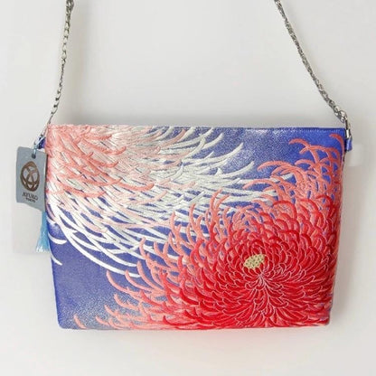 Vintage Fukuro Obi Shoulder Bag — Red & Pink Ran-Giku Chrysanthemum on Blue Silk