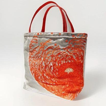 Rangiku 乱菊 Chrysanthemum Vintage Obi Silk Tote in Orange Silver