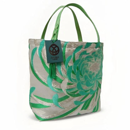 Rangiku 乱菊 Chrysanthemum Vintage Obi Silk Tote in Mint Silver