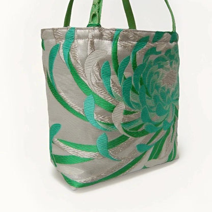 Rangiku 乱菊 Chrysanthemum Vintage Obi Silk Tote in Mint Silver