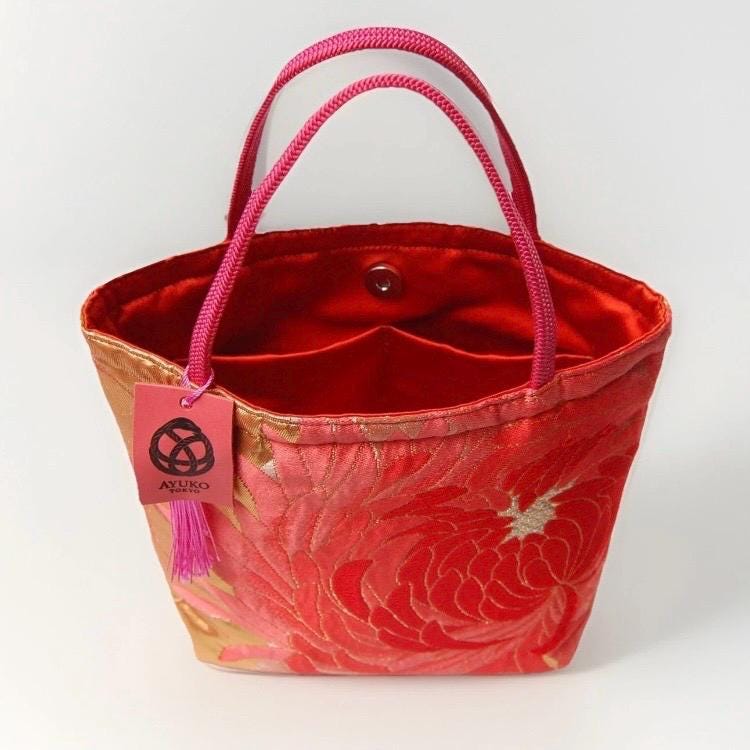Rangiku 乱菊 Chrysanthemum Vintage Obi Silk Tote in Red Gold