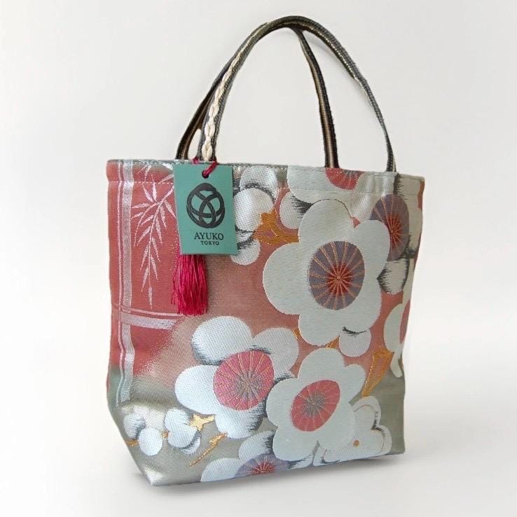 Vintage Fukuro Obi Mini Tote Bag — White & Pink Plum Blossom on Matcha Green Silk