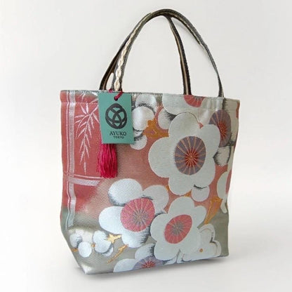 Vintage Fukuro Obi Mini Tote Bag — White & Pink Plum Blossom on Matcha Green Silk