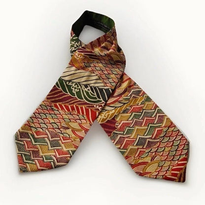 Vintage Obi Silk Cravat — Multicolor Arrow Feather & Wave Motifs 矢羽根立波文