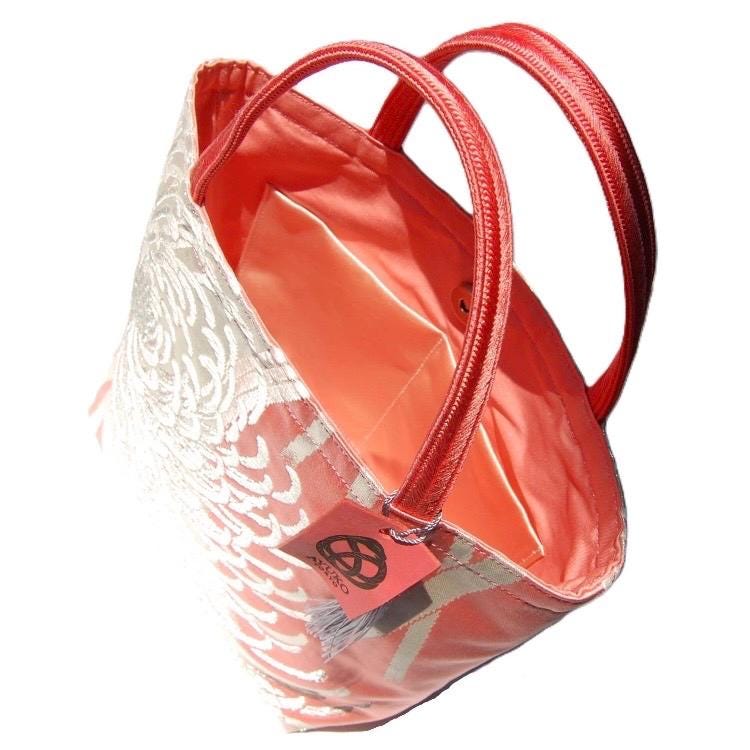 Rangiku 乱菊 Chrysanthemum Vintage Obi Silk Tote in Salmon Pink Silver
