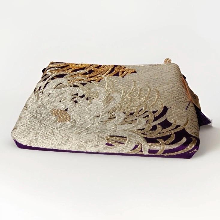 Vintage Fukuro Obi Shoulder Bag — Silver Ran-Giku Chrysanthemum Silk