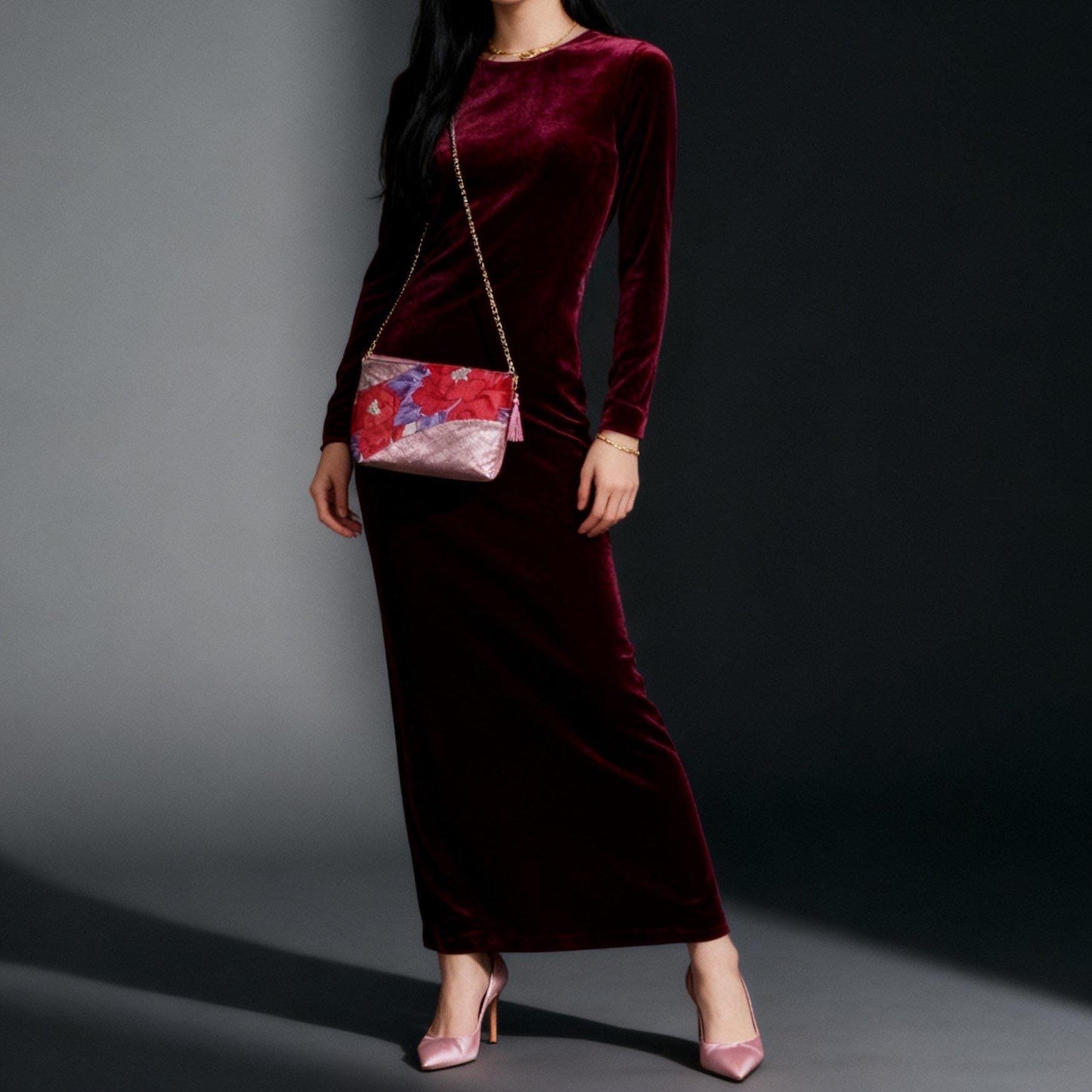 Vintage Fukuro Obi Shoulder Bag — Champagne Pink Peony Silk
