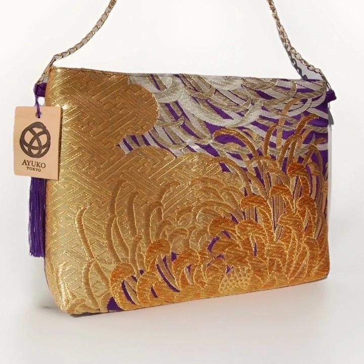 Vintage Fukuro Obi Shoulder Bag — Gold Ran-Giku Chrysanthemum on Purple Silk