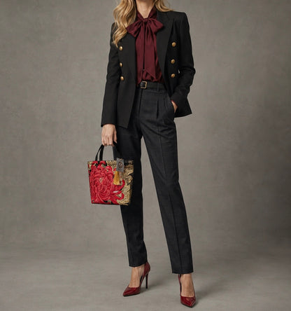 Rangiku 乱菊 Chrysanthemum Vintage Obi Silk Tote in Red Black